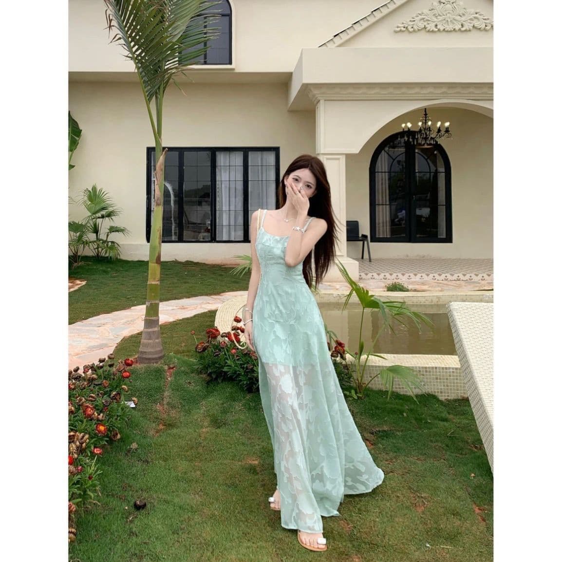 프랑스식 박하 녹색 레이스 슬립 여성 드레스 여름 품격 허리 수축 한 마디 치마 해변가 휴가 바람 롱 스커트 상세 이미지 4
