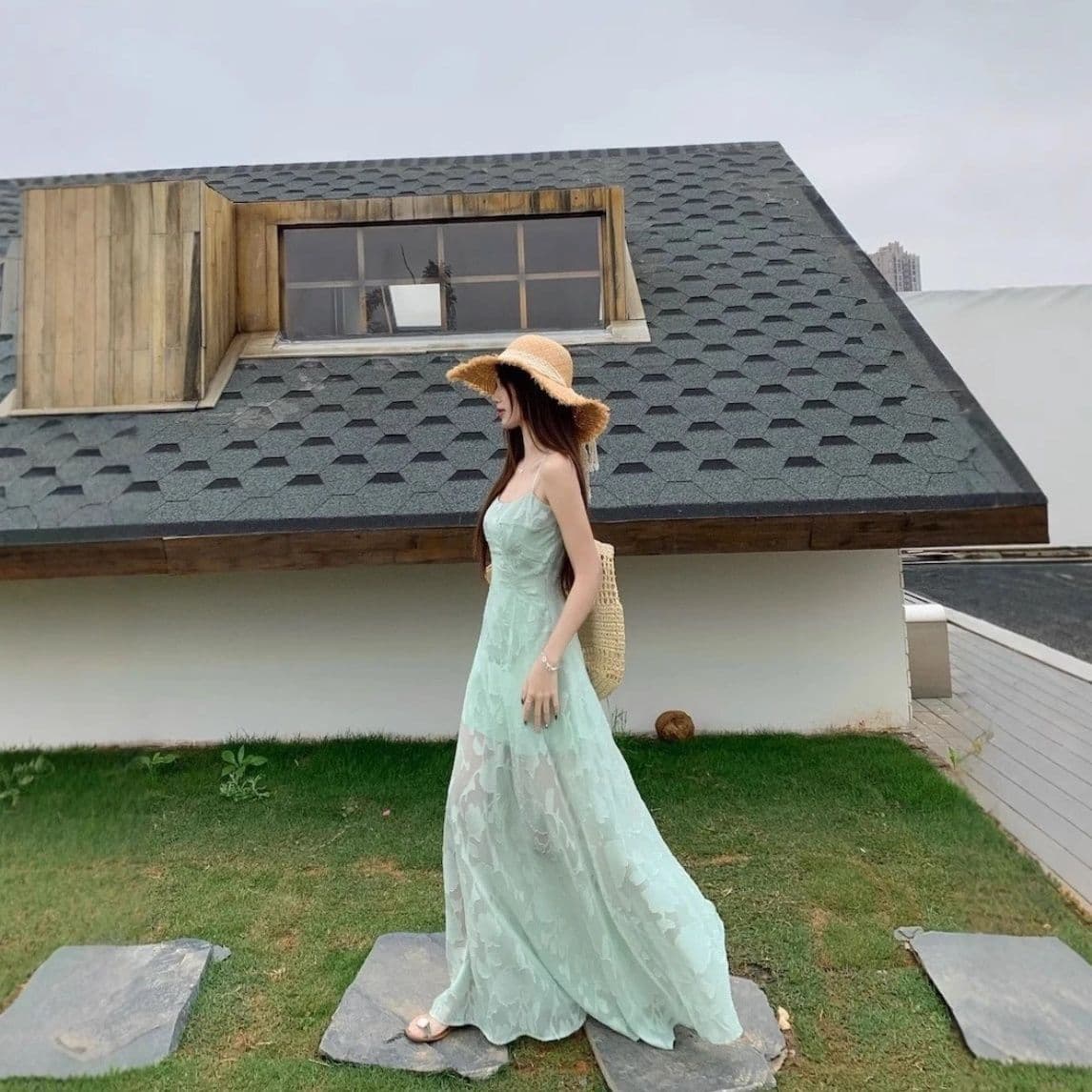 프랑스식 박하 녹색 레이스 슬립 여성 드레스 여름 품격 허리 수축 한 마디 치마 해변가 휴가 바람 롱 스커트 상세 이미지 8