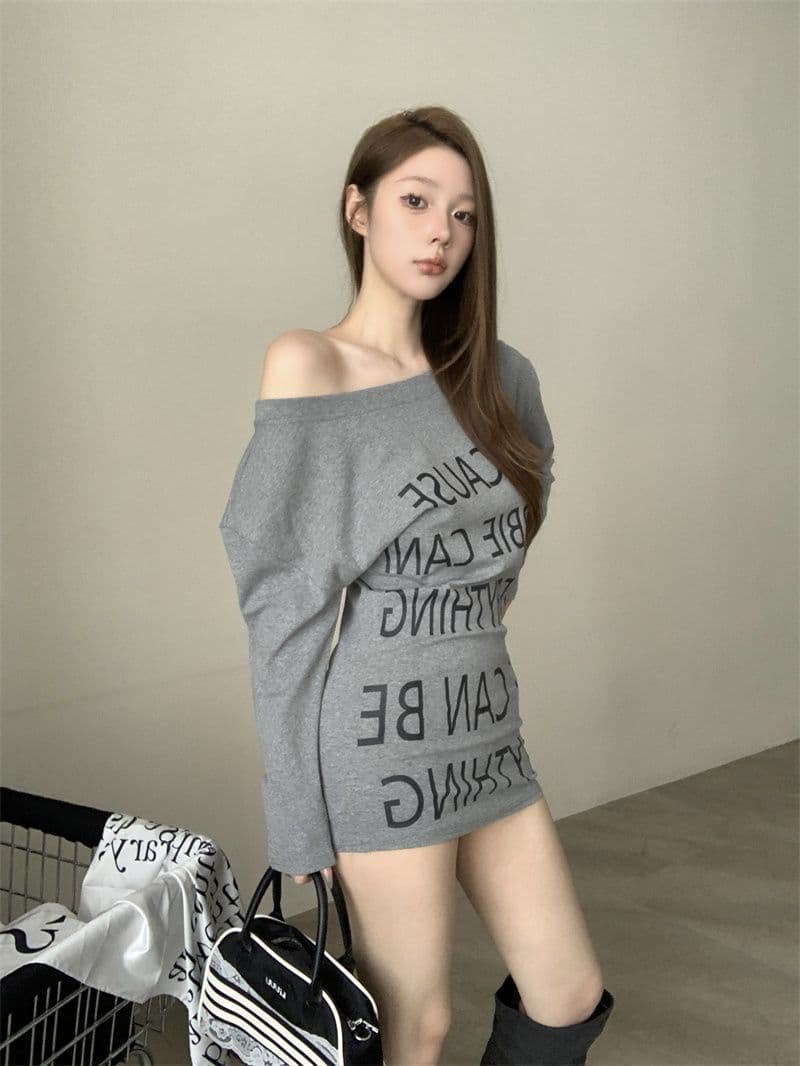 조기 가을 새로운 아메리칸 작은 대중 디자인 센스 알파벳 프린트 타이트 스커트 허리 수축 핫걸 티셔츠 미니 스커트 드레스 상세 이미지 7