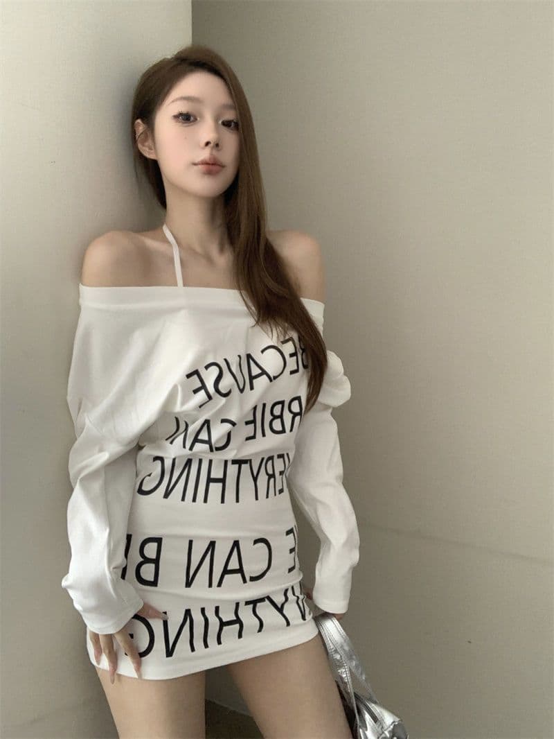 조기 가을 새로운 아메리칸 작은 대중 디자인 센스 알파벳 프린트 타이트 스커트 허리 수축 핫걸 티셔츠 미니 스커트 드레스 상세 이미지 14