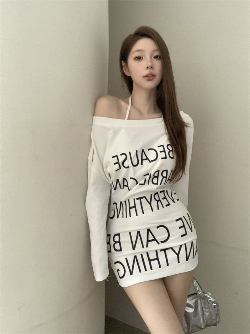 조기 가을 새로운 아메리칸 작은 대중 디자인 센스 알파벳 프린트 타이트 스커트 허리 수축 핫걸 티셔츠 미니 스커트 드레스 상세 이미지 16