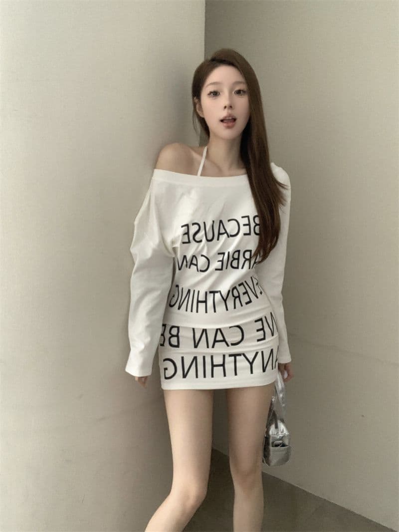 조기 가을 새로운 아메리칸 작은 대중 디자인 센스 알파벳 프린트 타이트 스커트 허리 수축 핫걸 티셔츠 미니 스커트 드레스 상세 이미지 23