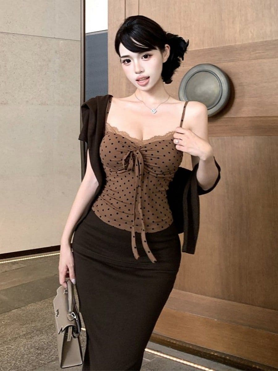 빛 요리 한 바람 로얄 자매 부서 비싼 센스 세트 여성 가을 겨울 외부 가져 가라. 오픈 가디건 레이스 도트 무늬 튜브탑 타이트 스커트 반 스커트 3종 세트 상세 이미지 1