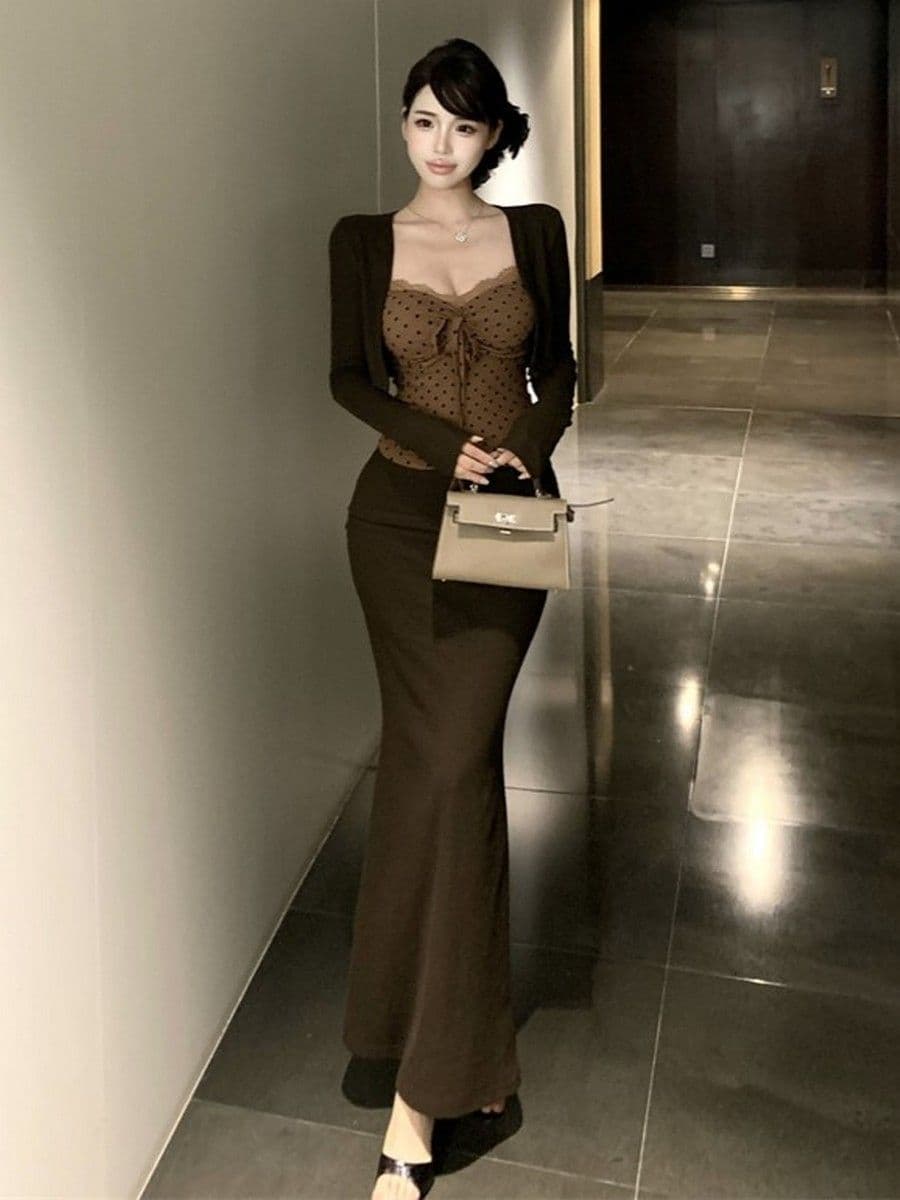 빛 요리 한 바람 로얄 자매 부서 비싼 센스 세트 여성 가을 겨울 외부 가져 가라. 오픈 가디건 레이스 도트 무늬 튜브탑 타이트 스커트 반 스커트 3종 세트 상세 이미지 7