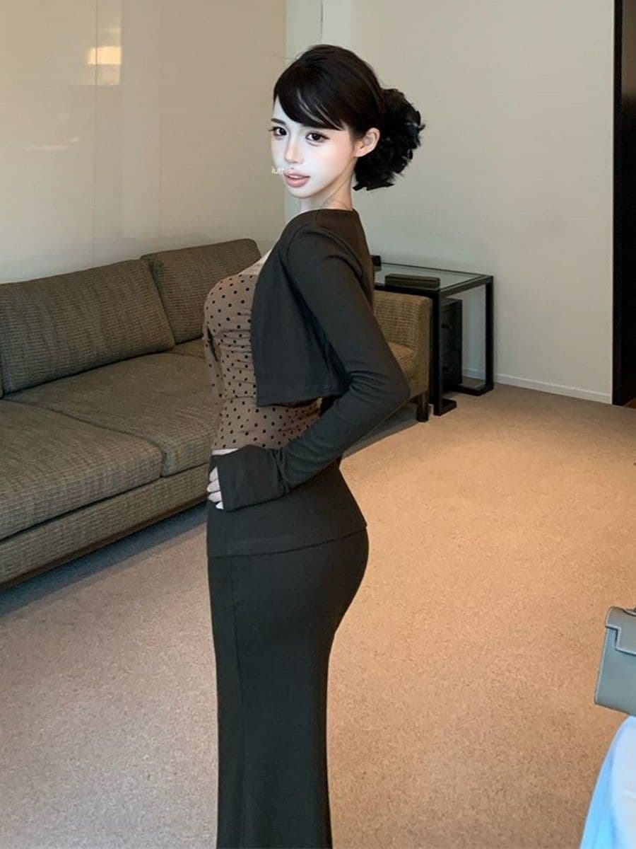 빛 요리 한 바람 로얄 자매 부서 비싼 센스 세트 여성 가을 겨울 외부 가져 가라. 오픈 가디건 레이스 도트 무늬 튜브탑 타이트 스커트 반 스커트 3종 세트 상세 이미지 8