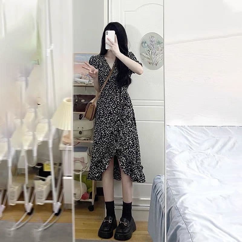 부드러운 검정색 여름 드레스 2026 년 새로운 숲속 소녀 그는 벤 바람 차 휴식 치마 서리가 내린 바람 인어 꼬리 꽃무늬 여성 드레스 이미지 3