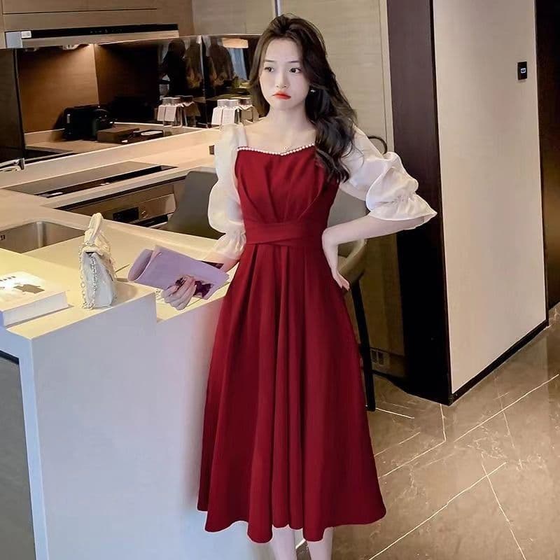 달콤함 프랑스식 빨간색 여성 드레스 5 점 소매 2026 여름 새로운 허리 수축 슬림해 보이는 중간 길이 스커트 한 마디 치마 이미지 2