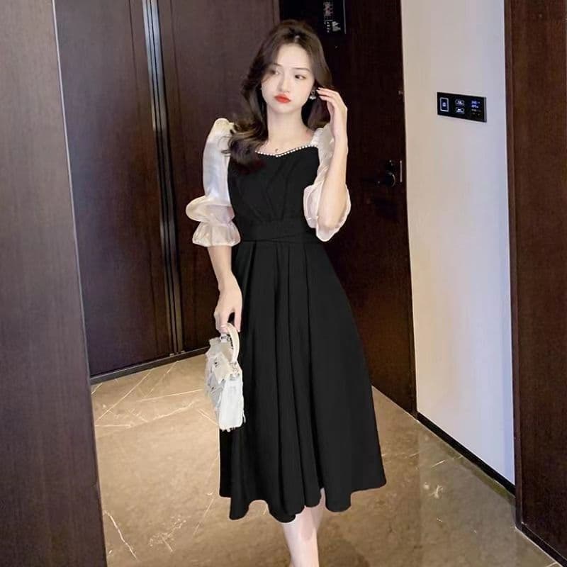 달콤함 프랑스식 빨간색 여성 드레스 5 점 소매 2026 여름 새로운 허리 수축 슬림해 보이는 중간 길이 스커트 한 마디 치마 이미지 3