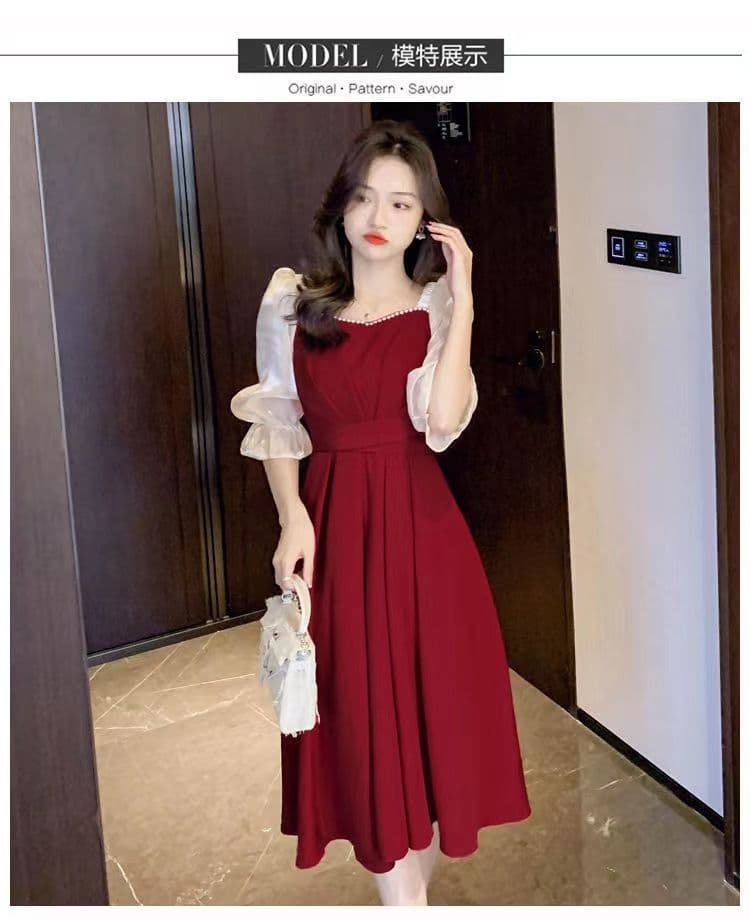 달콤함 프랑스식 빨간색 여성 드레스 5 점 소매 2026 여름 새로운 허리 수축 슬림해 보이는 중간 길이 스커트 한 마디 치마 상세 이미지 15