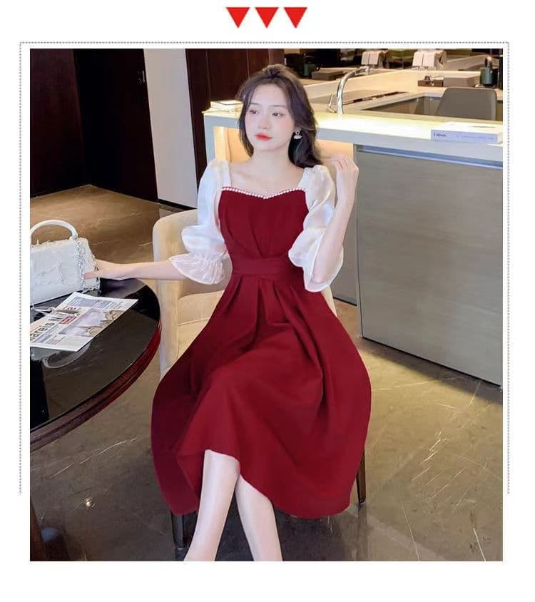 달콤함 프랑스식 빨간색 여성 드레스 5 점 소매 2026 여름 새로운 허리 수축 슬림해 보이는 중간 길이 스커트 한 마디 치마 상세 이미지 18