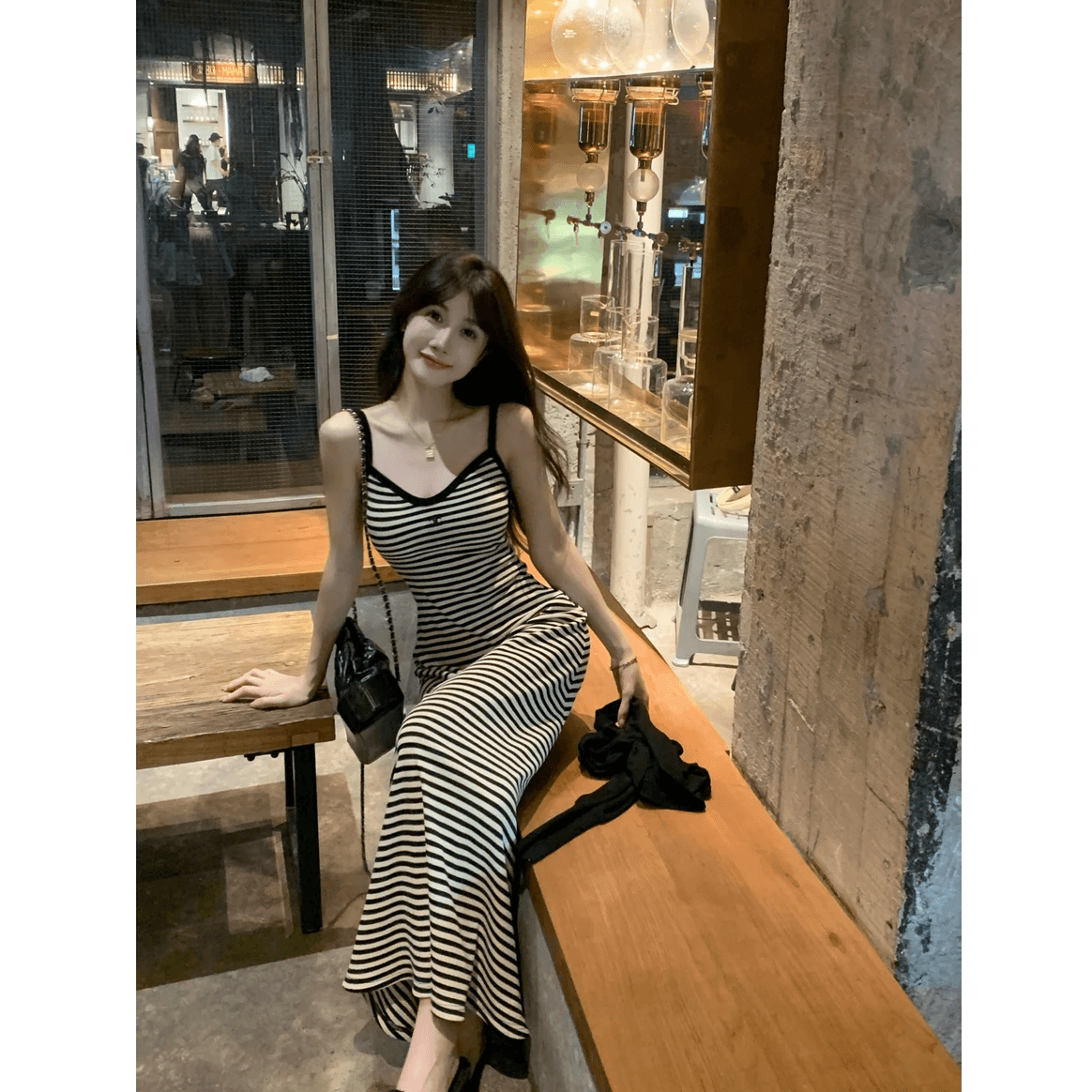 팝 미술관 패션 캐주얼 섹션 한 마디 스트라이프 타이트 스커트 롱 스커트 몸매 가꾸기 슬림해 보이는 슬립 여성 드레스 상세 이미지 1