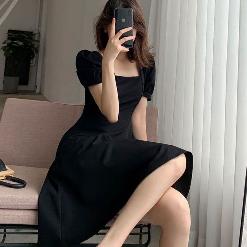 그는 벤 바람 작은 검은 드레스 여성 여름 새로운 프랑스식 복잡한 고대 칼라 중간 길이 검정색 거품 소매 드레스 이미지 3