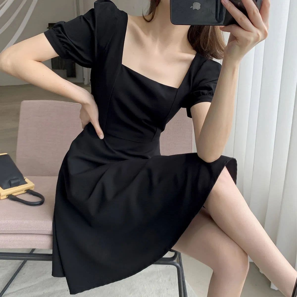 그는 벤 바람 작은 검은 드레스 여성 여름 새로운 프랑스식 복잡한 고대 칼라 중간 길이 검정색 거품 소매 드레스 이미지 5