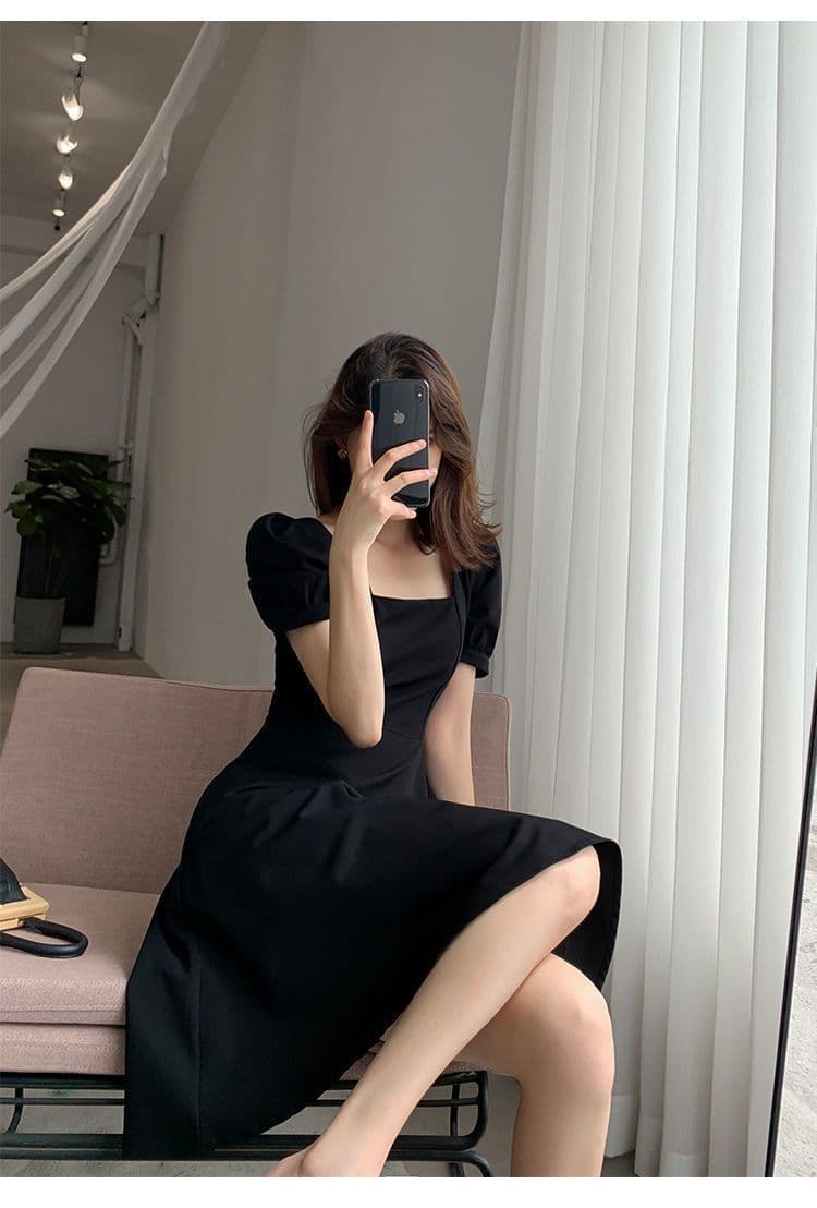 그는 벤 바람 작은 검은 드레스 여성 여름 새로운 프랑스식 복잡한 고대 칼라 중간 길이 검정색 거품 소매 드레스 상세 이미지 7