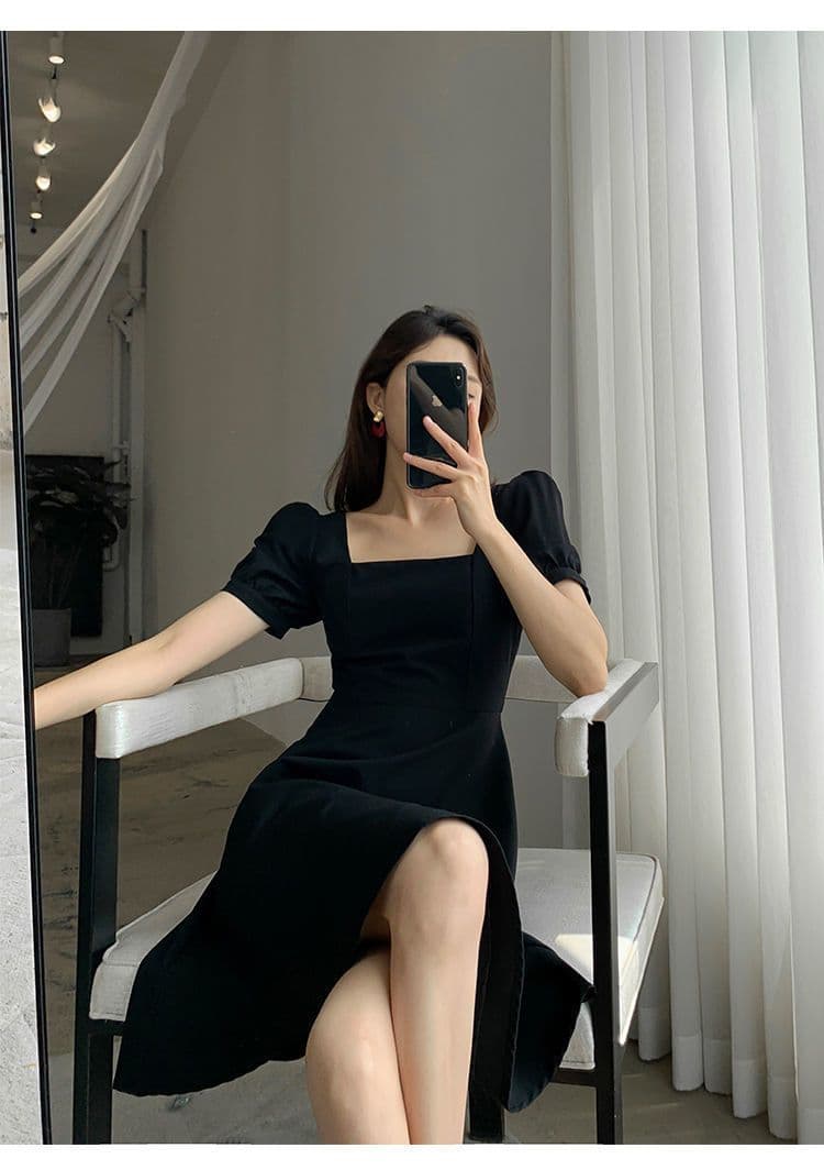 그는 벤 바람 작은 검은 드레스 여성 여름 새로운 프랑스식 복잡한 고대 칼라 중간 길이 검정색 거품 소매 드레스 상세 이미지 8