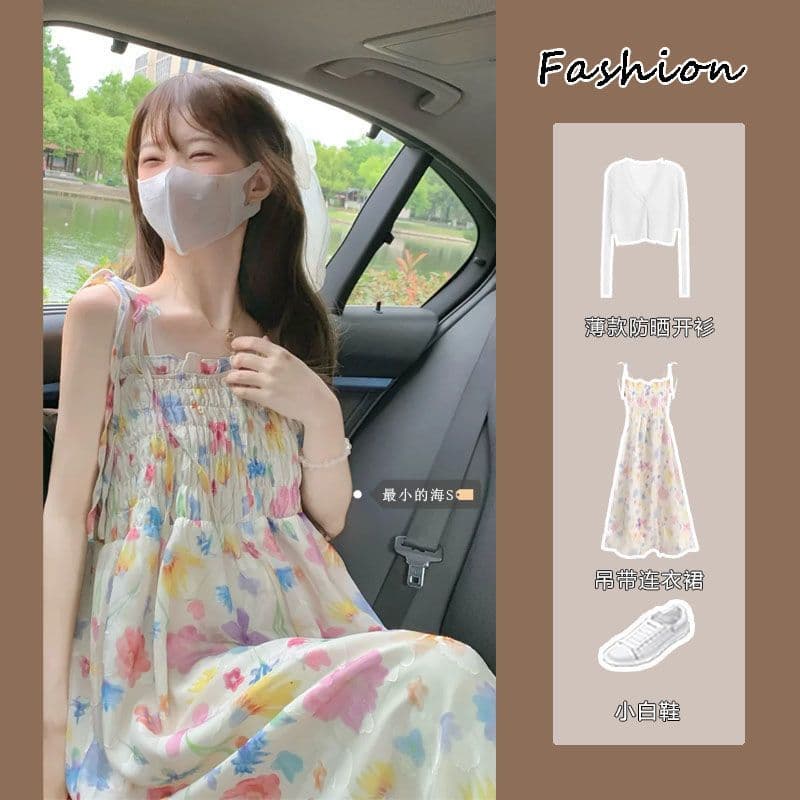 달콤함 레트로 부드러운 꽃무늬 슬립 드레스 여름 품격 허리 수축 귀여운 소녀 해변가 휴가 작은 청신 이미지 2