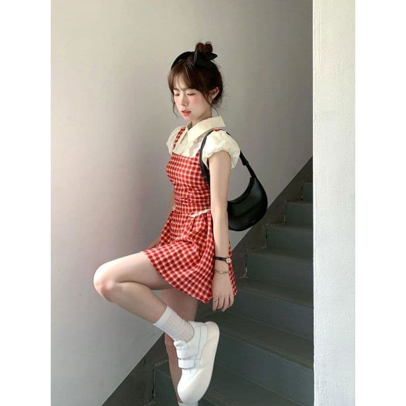 레트로 빨간색 체크무늬 페이크 레이어드 드레스 여자 학생 여름 새로운 작은 키 달콤함 학원 스타일 짧은 치마 이미지 3