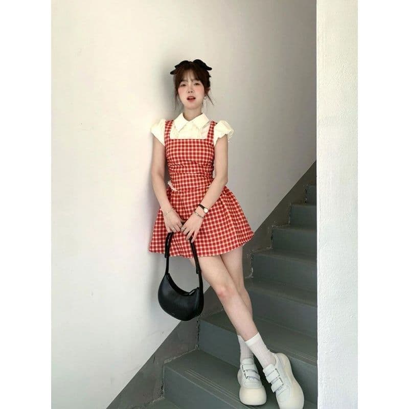 레트로 빨간색 체크무늬 페이크 레이어드 드레스 여자 학생 여름 새로운 작은 키 달콤함 학원 스타일 짧은 치마 이미지 2