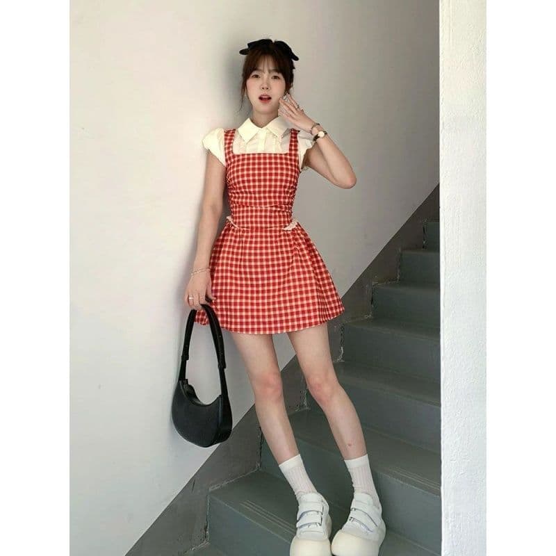 레트로 빨간색 체크무늬 페이크 레이어드 드레스 여자 학생 여름 새로운 작은 키 달콤함 학원 스타일 짧은 치마 이미지 5
