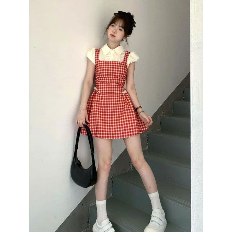 레트로 빨간색 체크무늬 페이크 레이어드 드레스 여자 학생 여름 새로운 작은 키 달콤함 학원 스타일 짧은 치마 이미지 4