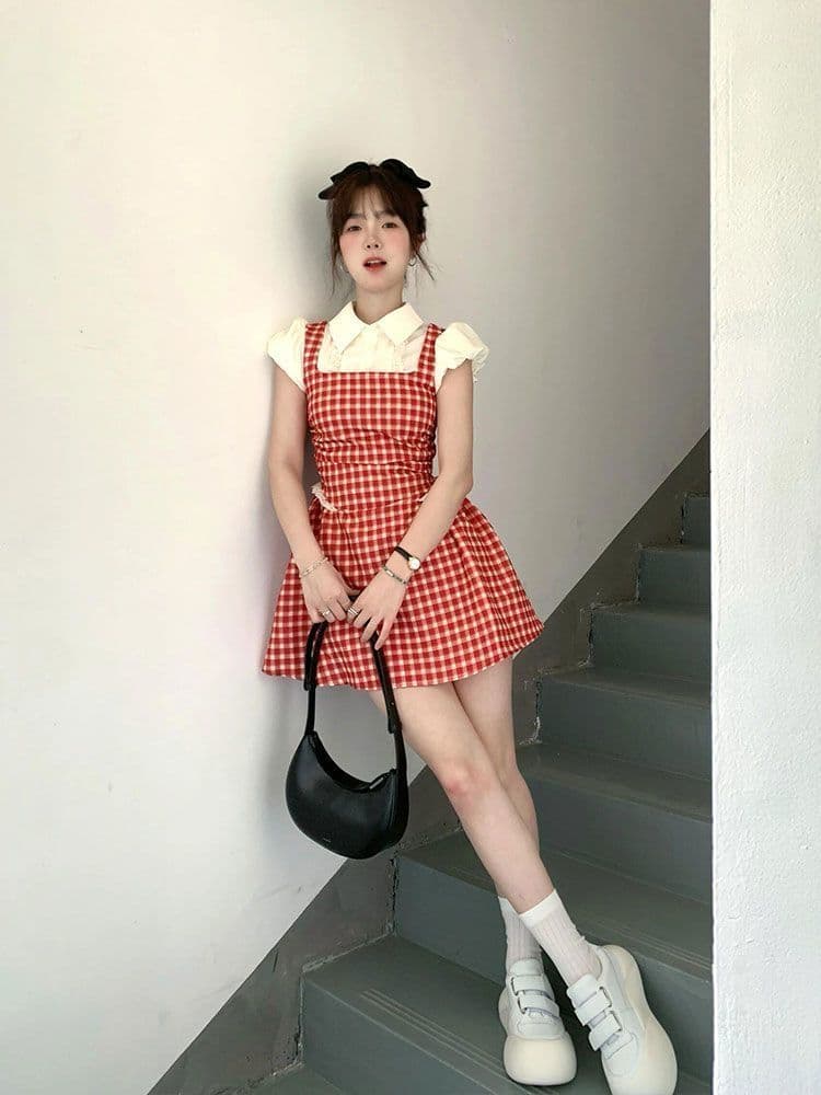 레트로 빨간색 체크무늬 페이크 레이어드 드레스 여자 학생 여름 새로운 작은 키 달콤함 학원 스타일 짧은 치마 상세 이미지 2