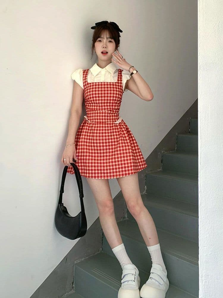 레트로 빨간색 체크무늬 페이크 레이어드 드레스 여자 학생 여름 새로운 작은 키 달콤함 학원 스타일 짧은 치마 상세 이미지 3