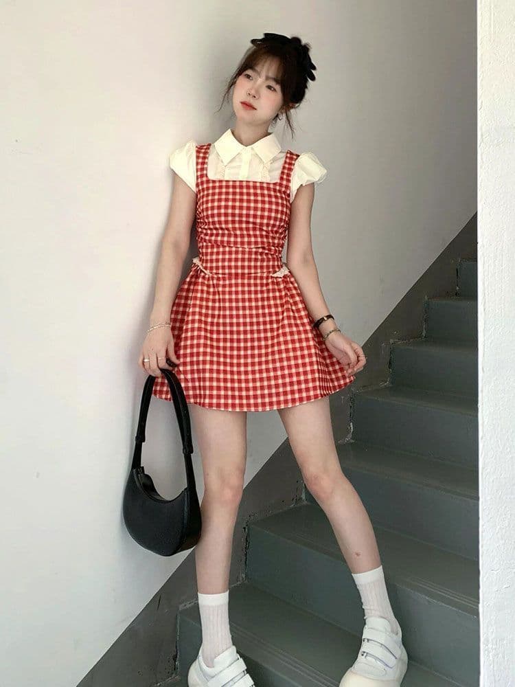 레트로 빨간색 체크무늬 페이크 레이어드 드레스 여자 학생 여름 새로운 작은 키 달콤함 학원 스타일 짧은 치마 상세 이미지 4