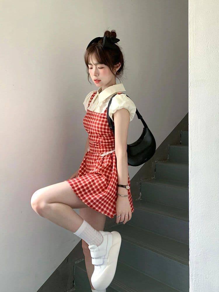 레트로 빨간색 체크무늬 페이크 레이어드 드레스 여자 학생 여름 새로운 작은 키 달콤함 학원 스타일 짧은 치마 상세 이미지 5
