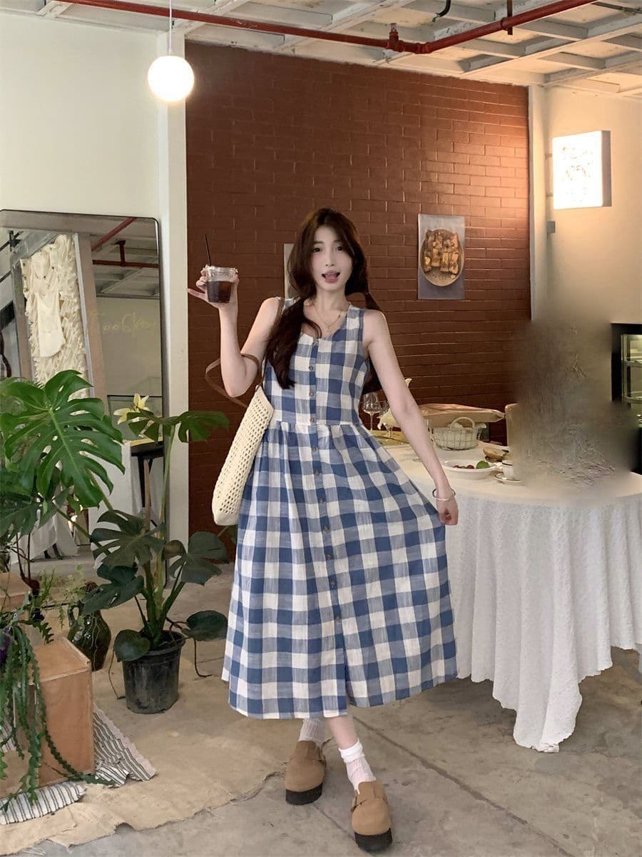 레트로 체크무늬 민소매 드레스 2026 파란색 여름 새로운 조끼 캐주얼 슬림해 보이는 느긋한 롱 스커트 상세 이미지 5