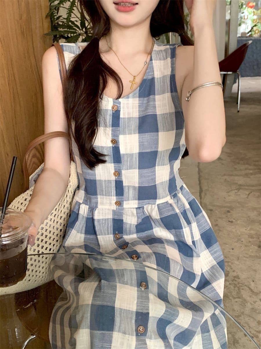 레트로 체크무늬 민소매 드레스 2026 파란색 여름 새로운 조끼 캐주얼 슬림해 보이는 느긋한 롱 스커트 상세 이미지 6