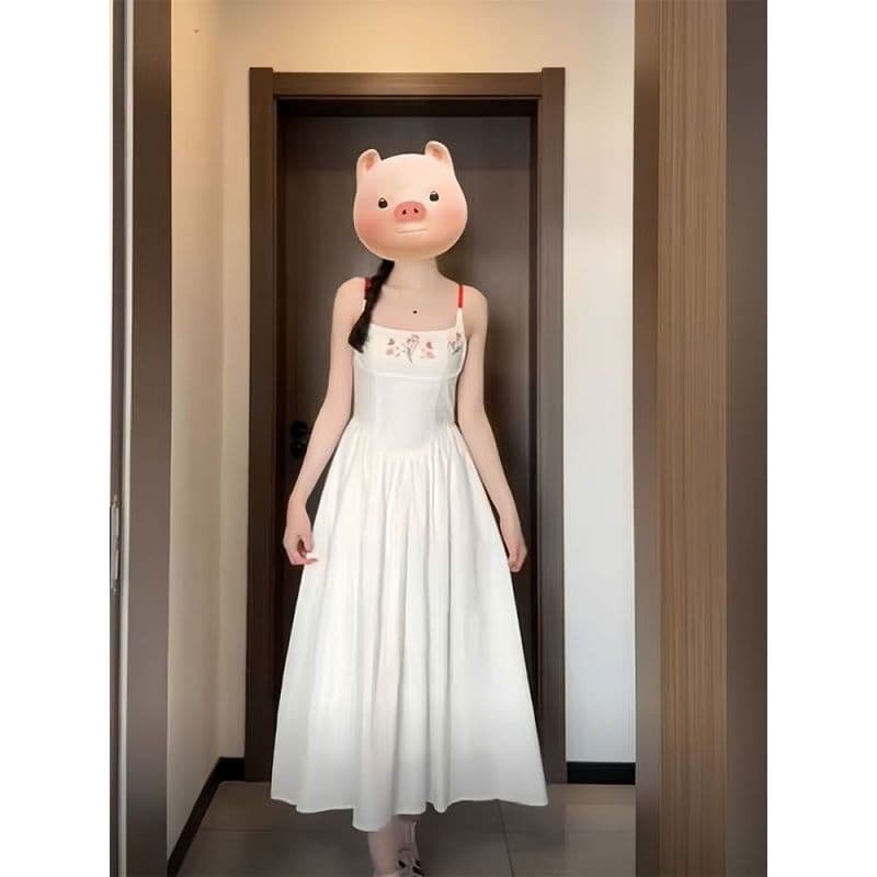 프랑스식 품격 부드러운 달콤함 화이트 슬립 드레스 새로운 허리 수축 슬림해 보이는 여름 해변가 휴가 롱 스커트 이미지 4