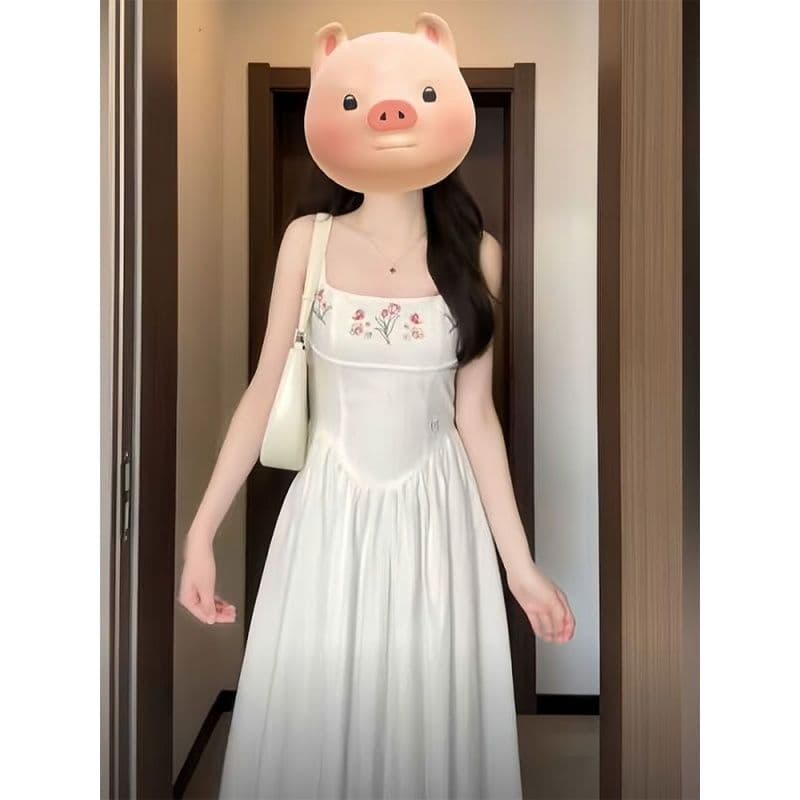 프랑스식 품격 부드러운 달콤함 화이트 슬립 드레스 새로운 허리 수축 슬림해 보이는 여름 해변가 휴가 롱 스커트 이미지 5