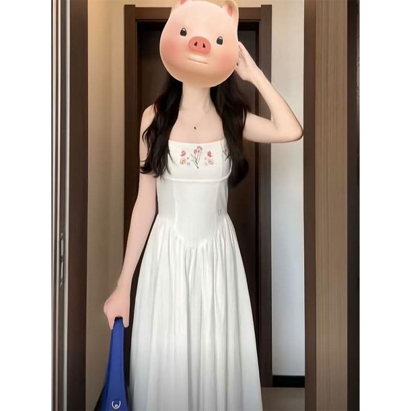 프랑스식 품격 부드러운 달콤함 화이트 슬립 드레스 새로운 허리 수축 슬림해 보이는 여름 해변가 휴가 롱 스커트 이미지 2