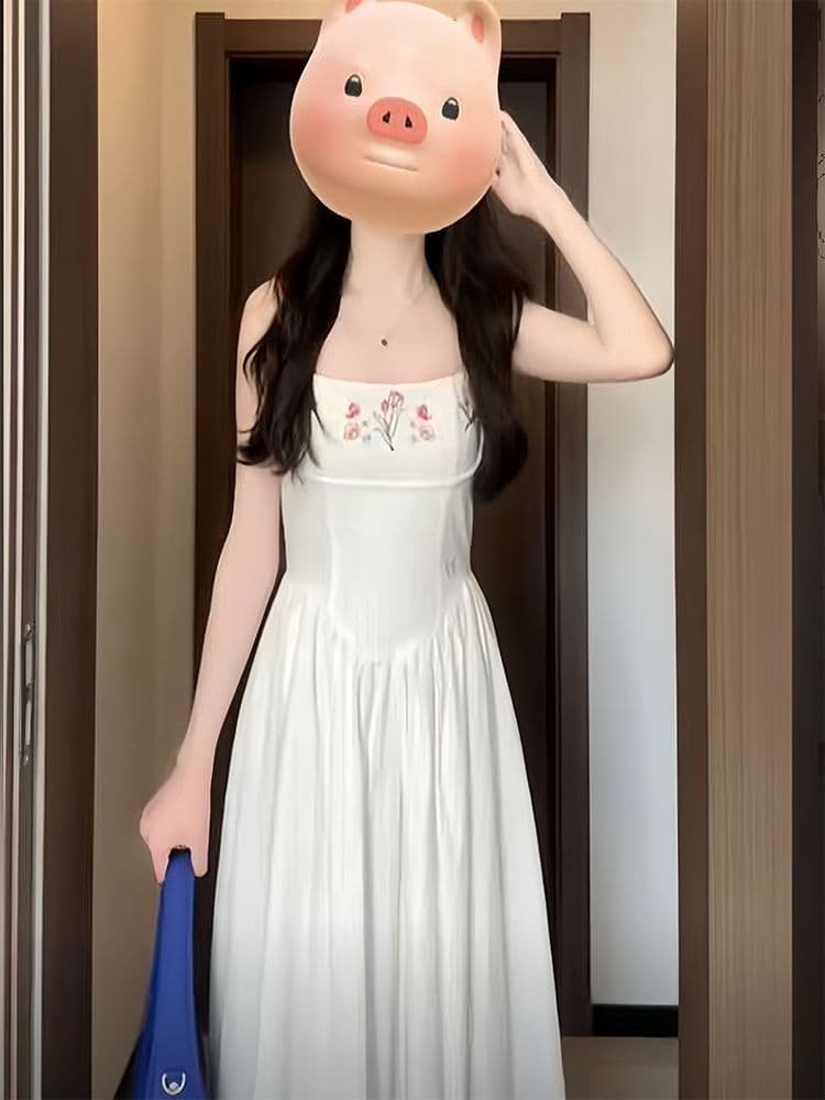 프랑스식 품격 부드러운 달콤함 화이트 슬립 드레스 새로운 허리 수축 슬림해 보이는 여름 해변가 휴가 롱 스커트 상세 이미지 5