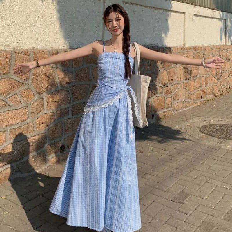 파란색 체크무늬 튜브탑 슬립 여성 드레스 여름 프랑스식 고급 센스 허리 수축 슬림해 보이는 치마 이미지 3