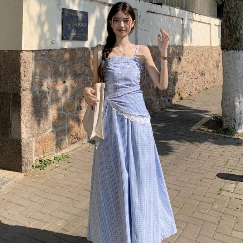 파란색 체크무늬 튜브탑 슬립 여성 드레스 여름 프랑스식 고급 센스 허리 수축 슬림해 보이는 치마 이미지 2