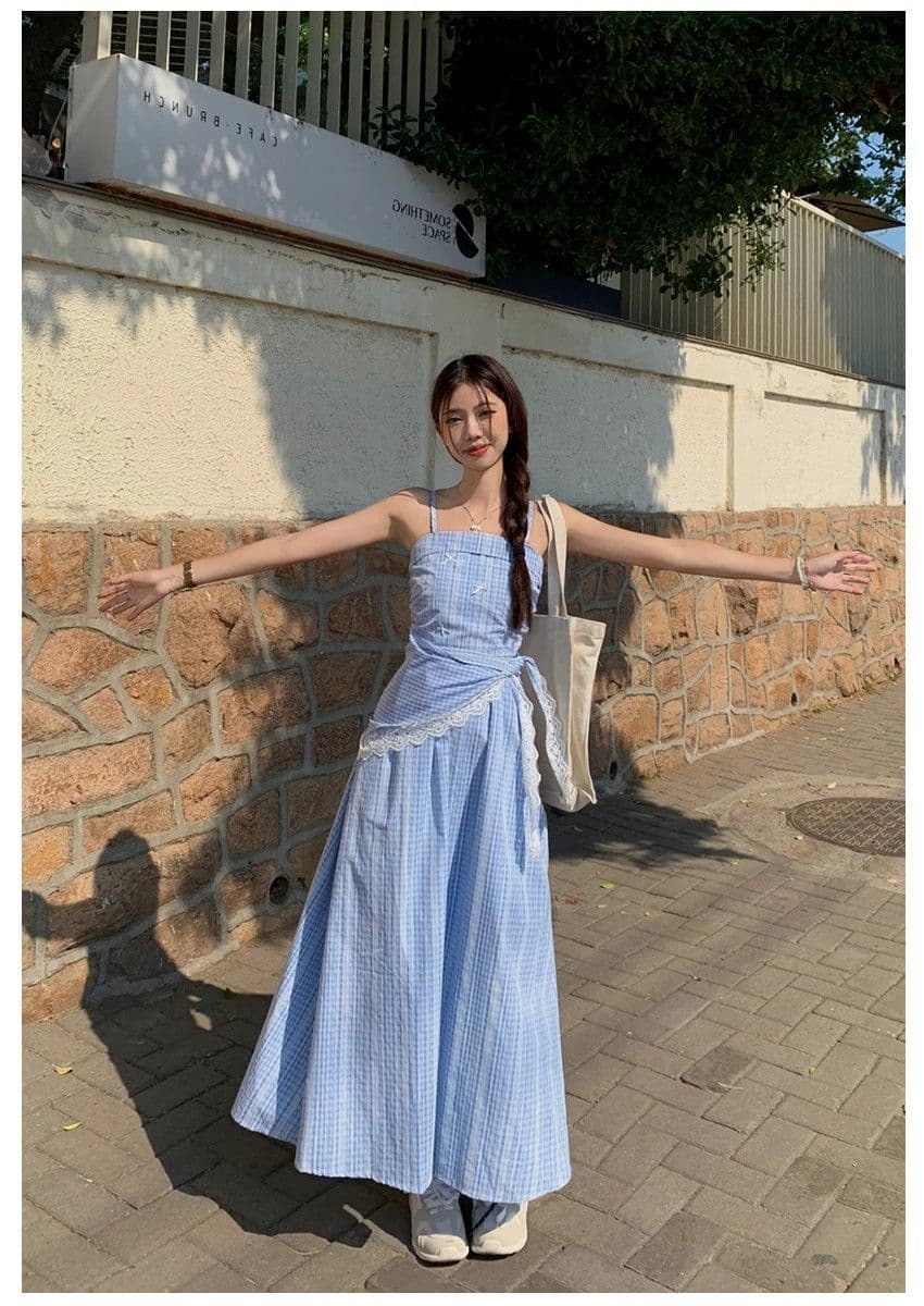 파란색 체크무늬 튜브탑 슬립 여성 드레스 여름 프랑스식 고급 센스 허리 수축 슬림해 보이는 치마 상세 이미지 1