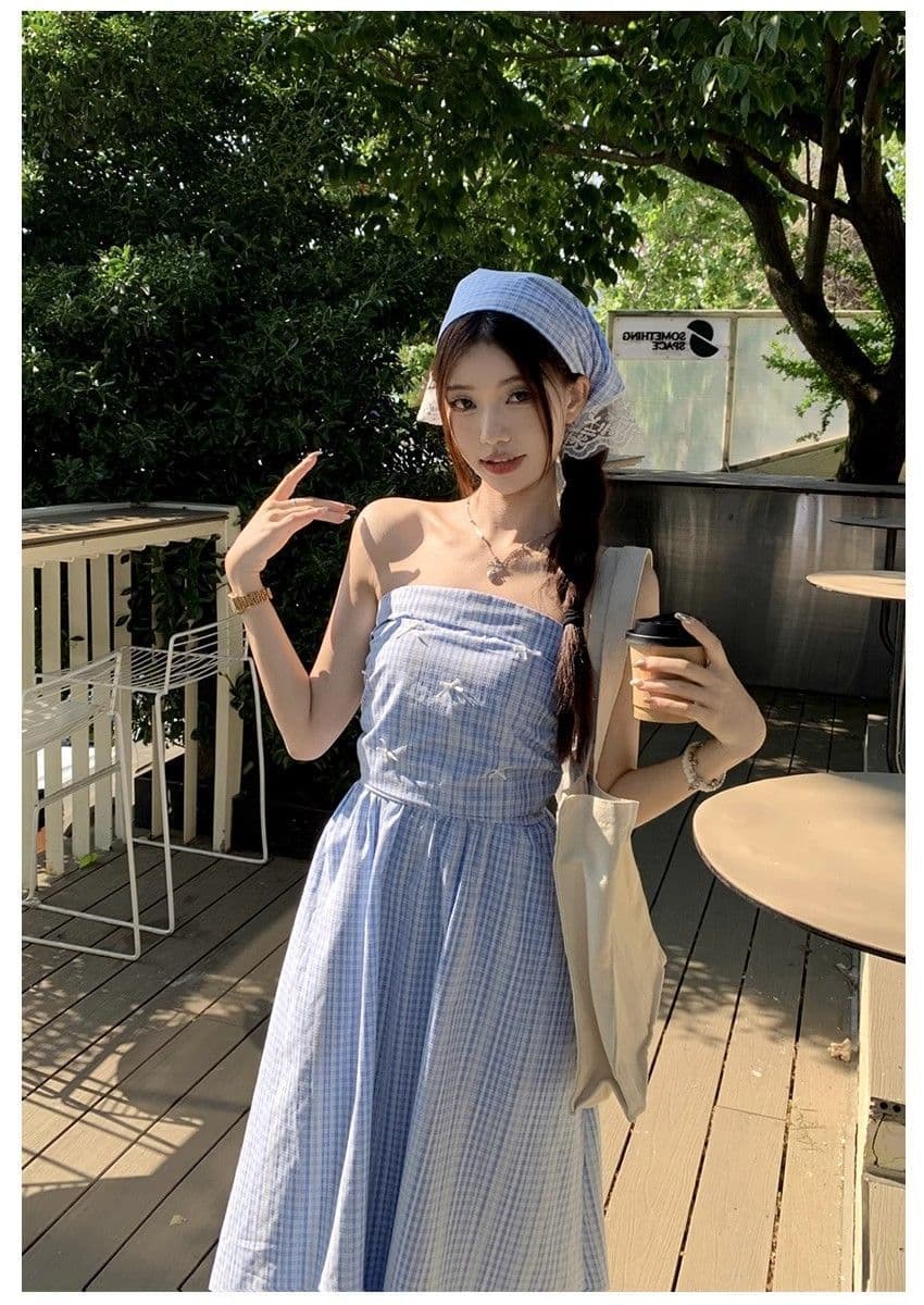 파란색 체크무늬 튜브탑 슬립 여성 드레스 여름 프랑스식 고급 센스 허리 수축 슬림해 보이는 치마 상세 이미지 4