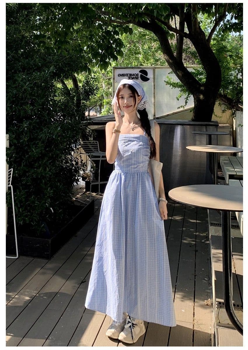 파란색 체크무늬 튜브탑 슬립 여성 드레스 여름 프랑스식 고급 센스 허리 수축 슬림해 보이는 치마 상세 이미지 5