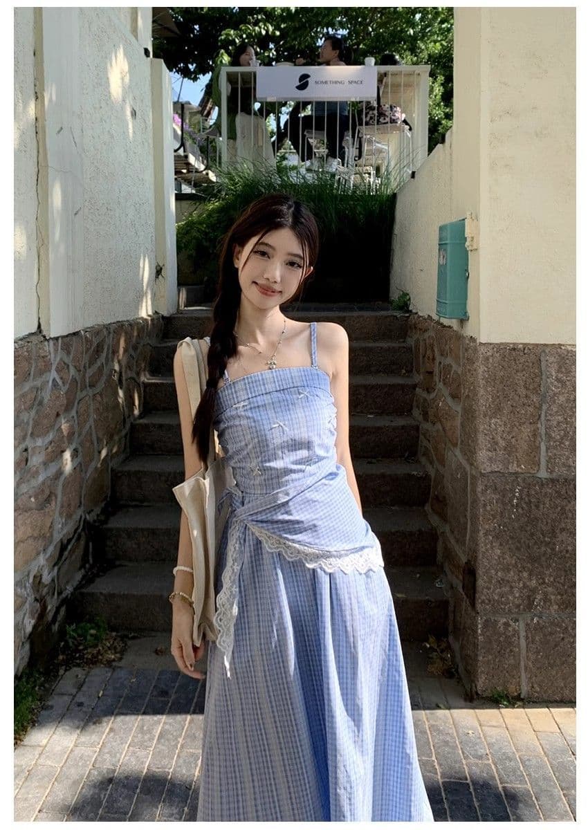 파란색 체크무늬 튜브탑 슬립 여성 드레스 여름 프랑스식 고급 센스 허리 수축 슬림해 보이는 치마 상세 이미지 7