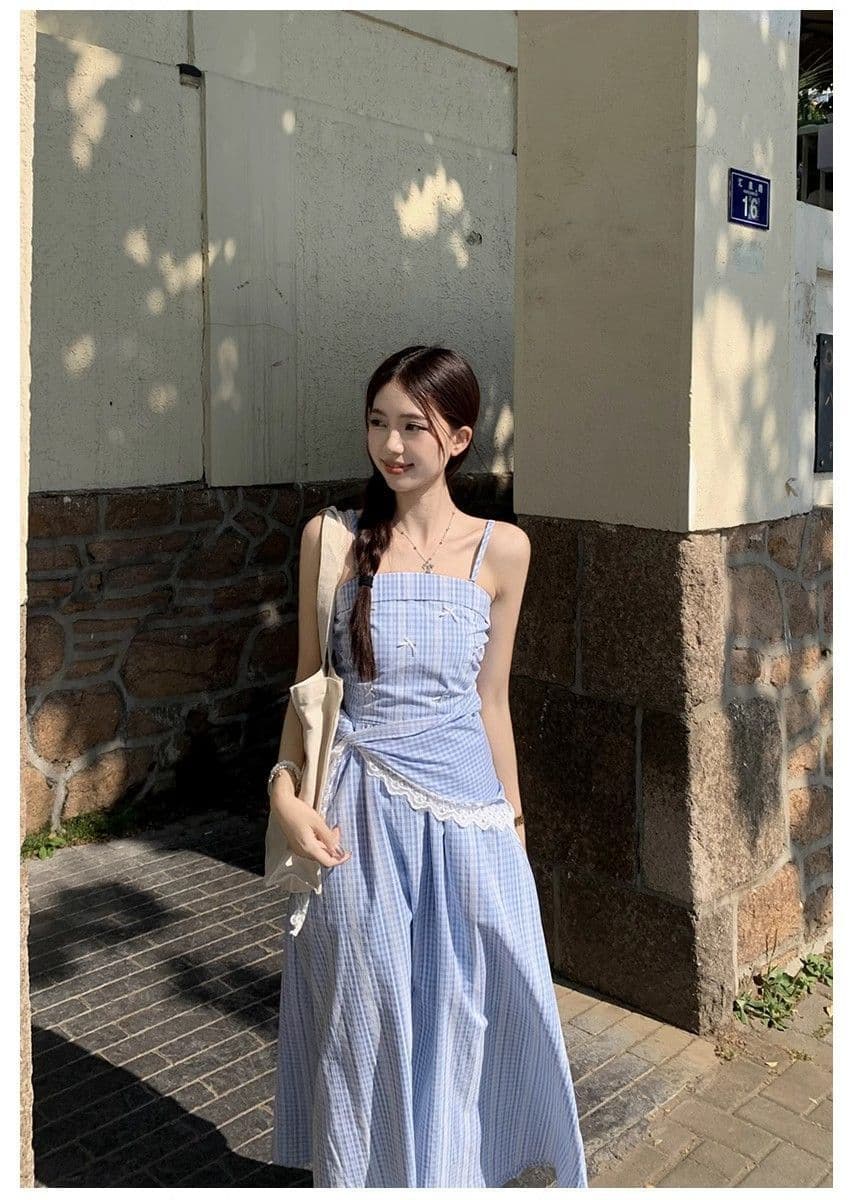 파란색 체크무늬 튜브탑 슬립 여성 드레스 여름 프랑스식 고급 센스 허리 수축 슬림해 보이는 치마 상세 이미지 9