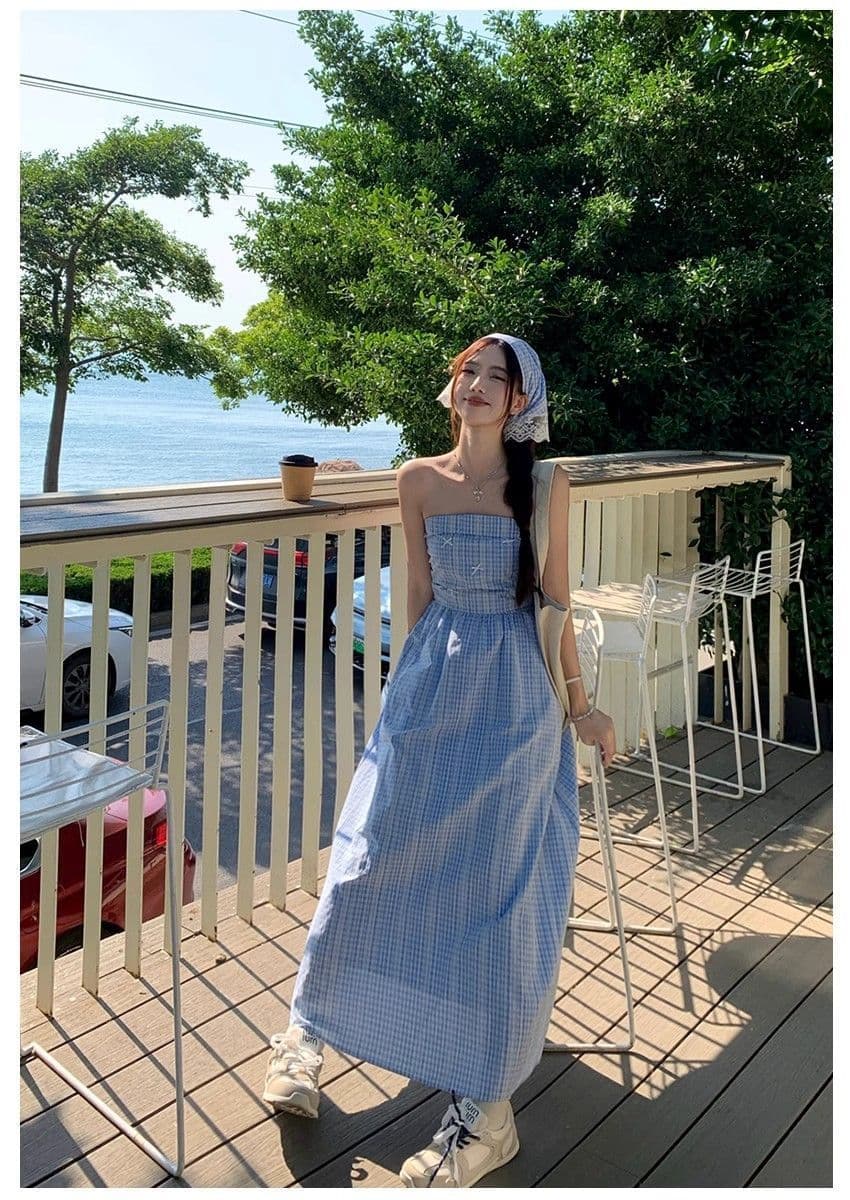 파란색 체크무늬 튜브탑 슬립 여성 드레스 여름 프랑스식 고급 센스 허리 수축 슬림해 보이는 치마 상세 이미지 12