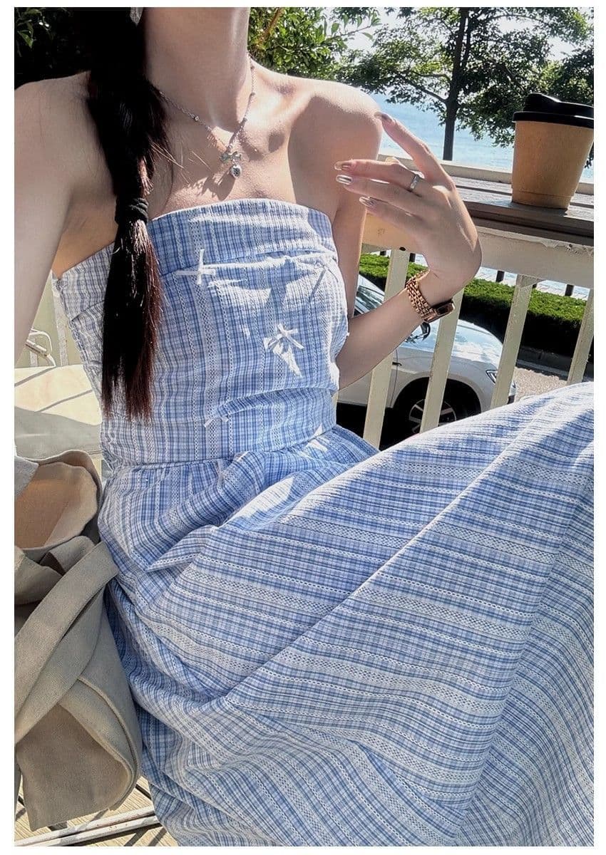 파란색 체크무늬 튜브탑 슬립 여성 드레스 여름 프랑스식 고급 센스 허리 수축 슬림해 보이는 치마 상세 이미지 13