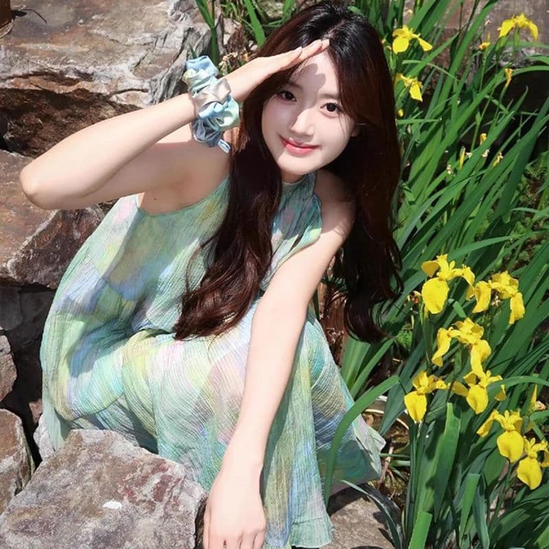 박하 남자 웨이브 녹색 색 후광 염색 행침 목 여성 드레스 여름 프랑스식 달콤함 슬림해 보이는 오프숄더 디자인 센스 길다 치마 이미지 5