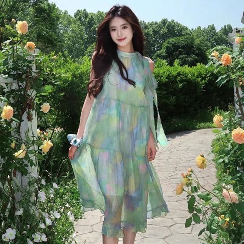 박하 남자 웨이브 녹색 색 후광 염색 행침 목 여성 드레스 여름 프랑스식 달콤함 슬림해 보이는 오프숄더 디자인 센스 길다 치마 이미지 3