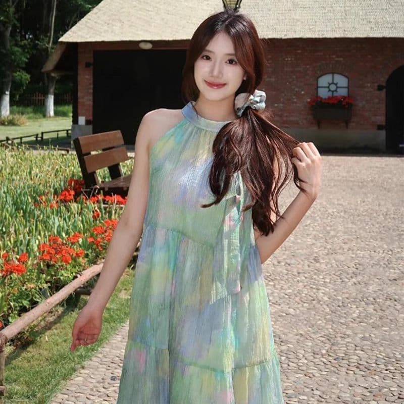 박하 남자 웨이브 녹색 색 후광 염색 행침 목 여성 드레스 여름 프랑스식 달콤함 슬림해 보이는 오프숄더 디자인 센스 길다 치마 이미지 4