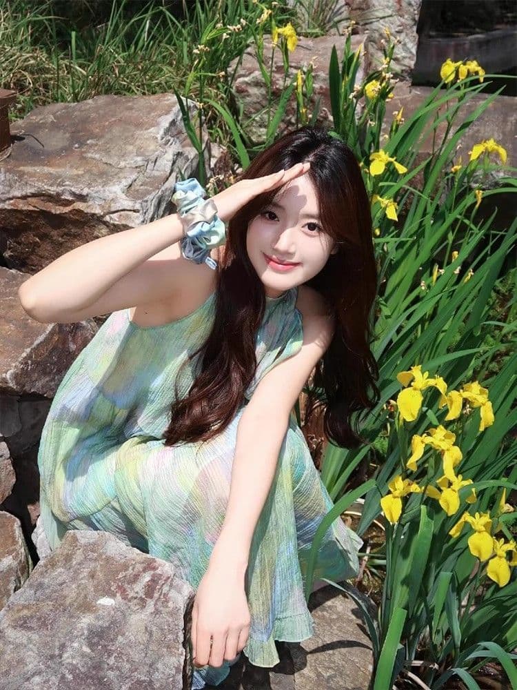 박하 남자 웨이브 녹색 색 후광 염색 행침 목 여성 드레스 여름 프랑스식 달콤함 슬림해 보이는 오프숄더 디자인 센스 길다 치마 상세 이미지 1