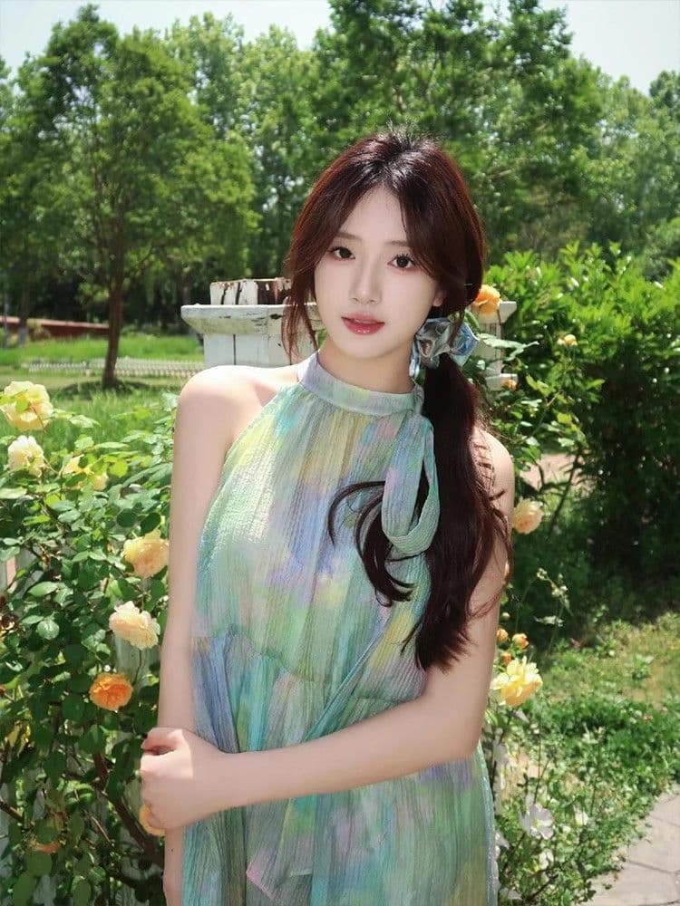 박하 남자 웨이브 녹색 색 후광 염색 행침 목 여성 드레스 여름 프랑스식 달콤함 슬림해 보이는 오프숄더 디자인 센스 길다 치마 상세 이미지 2