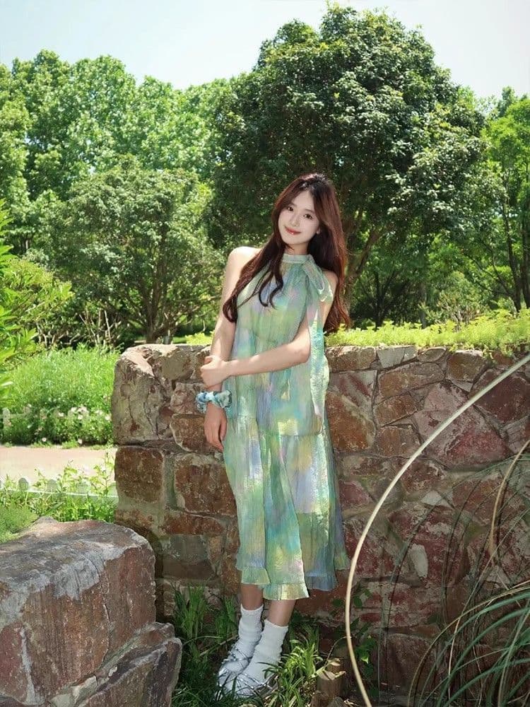 박하 남자 웨이브 녹색 색 후광 염색 행침 목 여성 드레스 여름 프랑스식 달콤함 슬림해 보이는 오프숄더 디자인 센스 길다 치마 상세 이미지 3