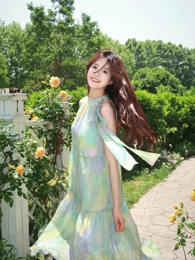 박하 남자 웨이브 녹색 색 후광 염색 행침 목 여성 드레스 여름 프랑스식 달콤함 슬림해 보이는 오프숄더 디자인 센스 길다 치마 상세 이미지 4